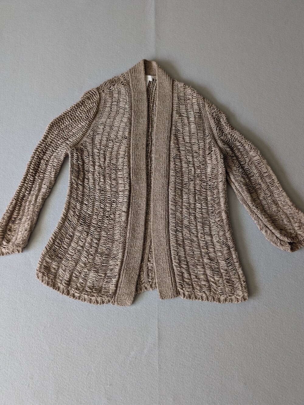 Chicos Woven Open Knit Cardigan Neutral Beige Coastal Sz M Granola Cottage Tan image 4